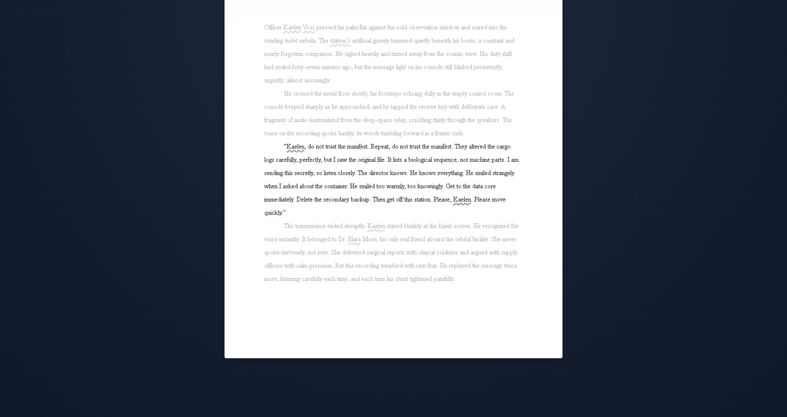 Quillen Focus Mode with typewriter scrolling and paragraph dimming